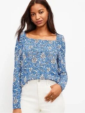 LOFT Blue Floral Square Neck Peasant Smocked Top with Puff Sleeves